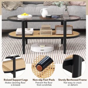 Moccha Boho Coffee Table, 2-Tier Center Table with Tempered Glass Tabletop & PE Rattan Storage Shelf, Mid Century Modern Tea Table, 40" L Oval Accent Table for Living Room, Office (Black)