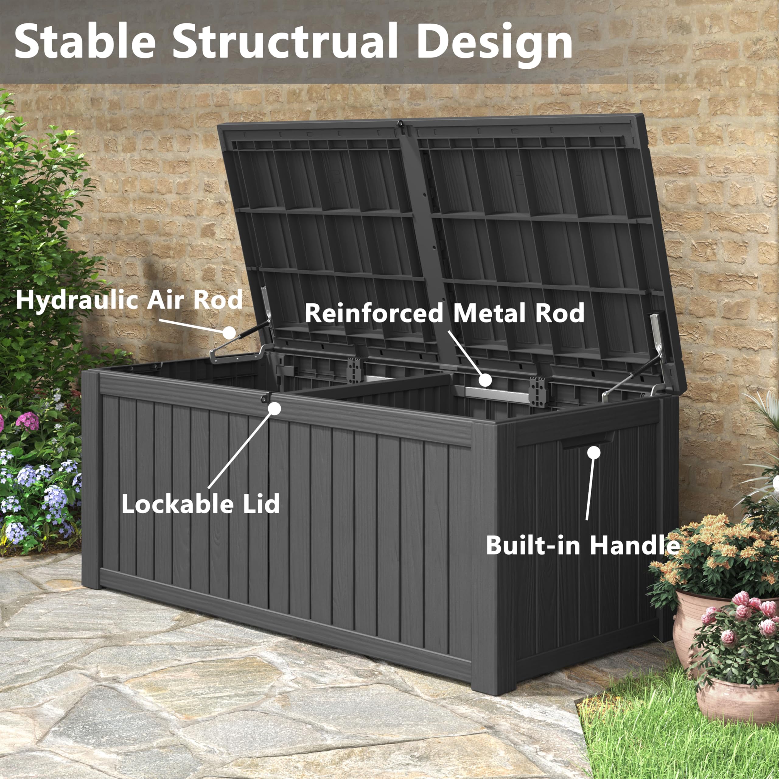 Esmlada Outdoor Storage Box, 150 Gallon Large Outdoor Resin Deck Box, Storage Outdoor Waterproof Boxes Lockable Lid for Garden Tools, Pool Supplies, Patio Furniture and Cushions, Black