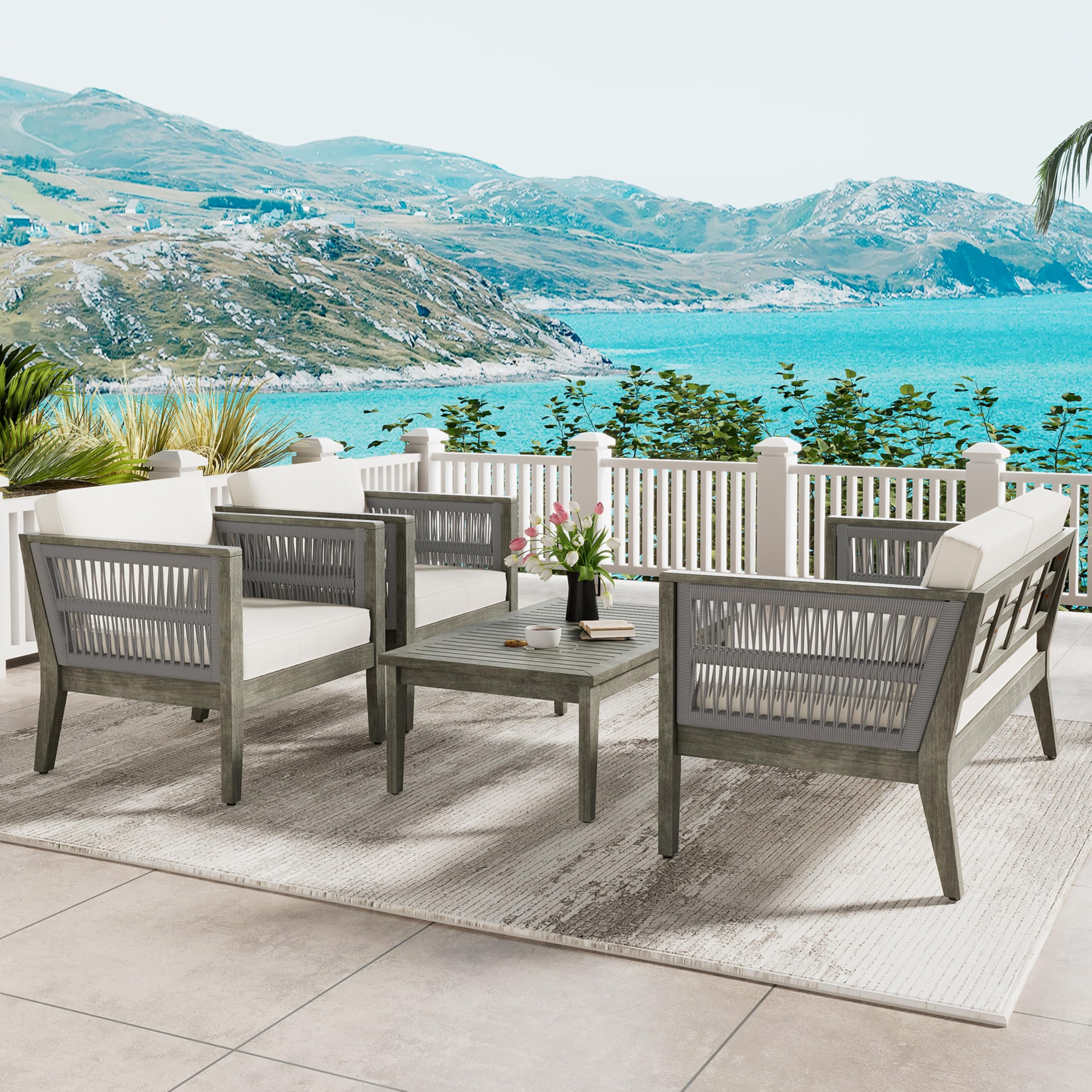 Christopher Knight Home Outdoor Acacia Wood Patio Set, 4-Pieces Patio Conversation Set, Outdoor Furniture with Coffee Table, Patio Deep Seating with Cushion, Porch Chairs for Garden, Grey+Beige