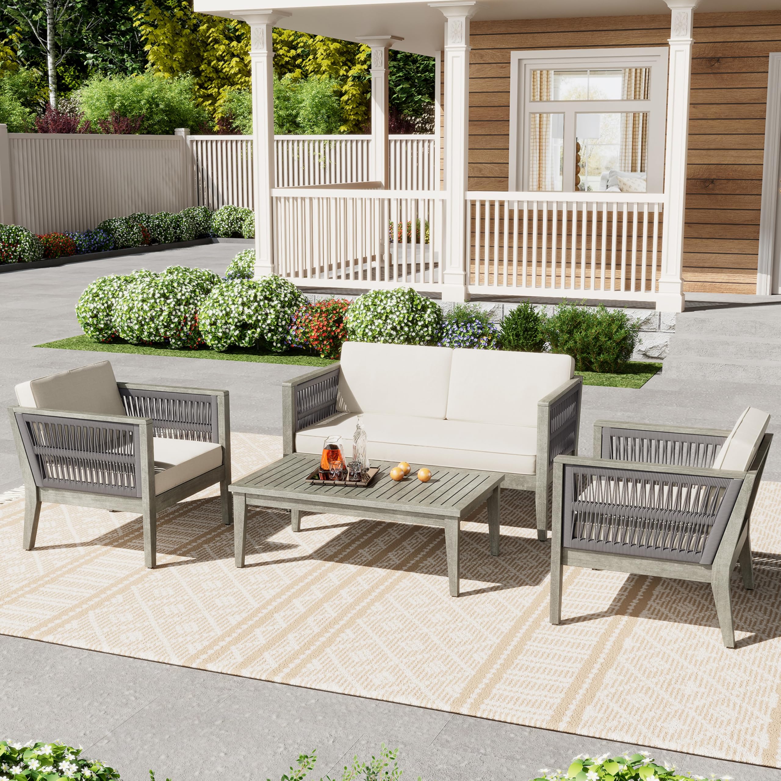 Christopher Knight Home Outdoor Acacia Wood Patio Set, 4-Pieces Patio Conversation Set, Outdoor Furniture with Coffee Table, Patio Deep Seating with Cushion, Porch Chairs for Garden, Grey+Beige