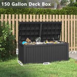 Esmlada Outdoor Storage Box, 150 Gallon Large Outdoor Resin Deck Box, Storage Outdoor Waterproof Boxes Lockable Lid for Garden Tools, Pool Supplies, Patio Furniture and Cushions, Black