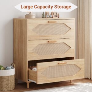 3 Drawer Rattan Dresser for Bedroom, Rattan Modern Dresser Wood Chest of Drawers, Wooden Storage Cabinets for Bedrooms, Hallways, Living Rooms, and Entryways, Easy Assemble, Natural