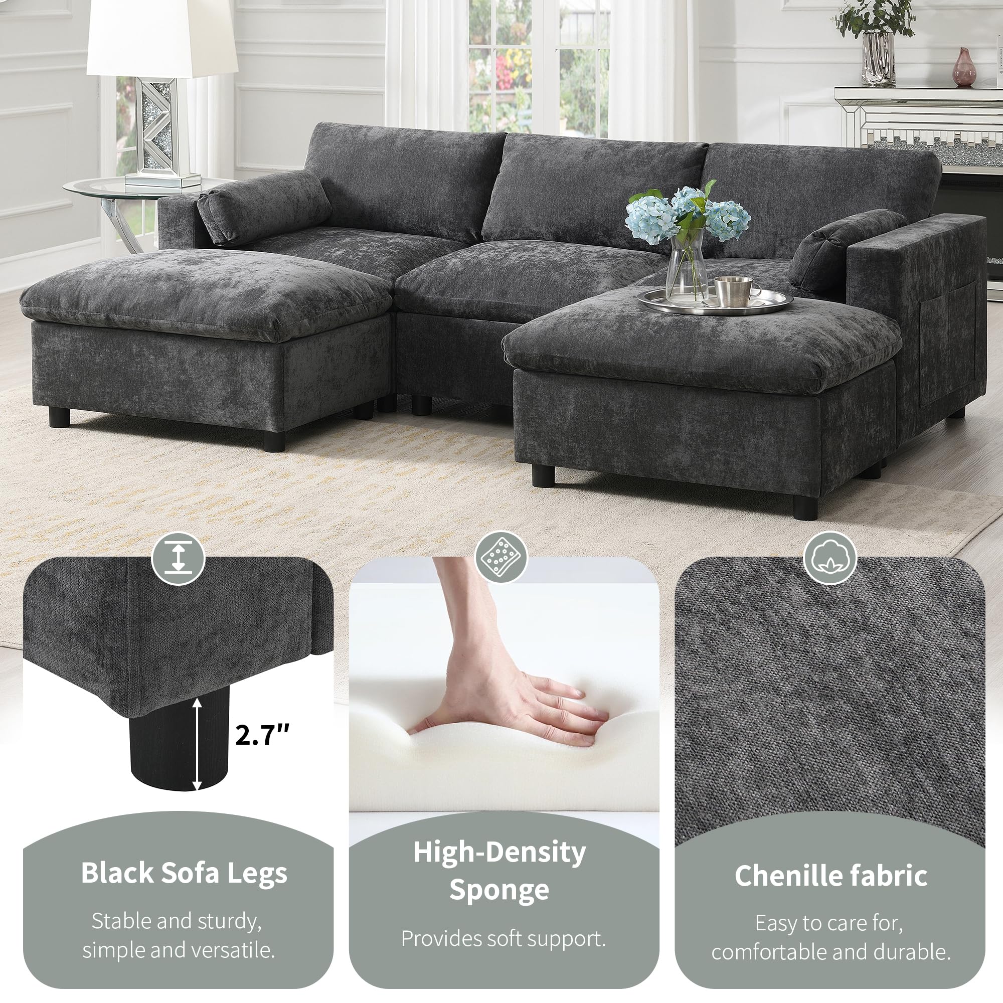 Merax 86.5" Sectional Sofa with Storage Pockets & Removable Ottomans, 5 Seat U Shaped Sleeper Cloud Couch Set, Convertible L-Shaped Chenille Upholstered SofaBed for Living Room and Apartment, Black