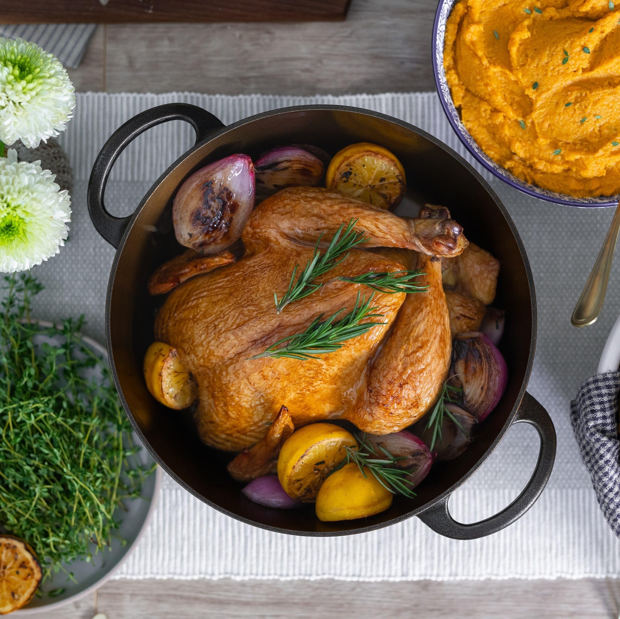 Lancaster Cast Iron 5 Qt. Dutch Oven - Made in the USA - Smooth cooking surface - Self Basting Lid with a solid Brass Knob