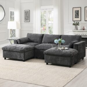 merax 86.5" sectional sofa with storage pockets & removable ottomans, 5 seat u shaped sleeper cloud couch set, convertible l-shaped chenille upholstered sofabed for living room and apartment, black