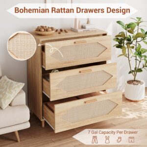 3 Drawer Rattan Dresser for Bedroom, Rattan Modern Dresser Wood Chest of Drawers, Wooden Storage Cabinets for Bedrooms, Hallways, Living Rooms, and Entryways, Easy Assemble, Natural