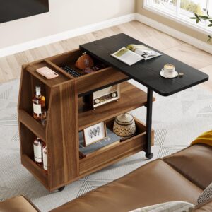 Tribesigns Rolling End Table with Rotating Tabletop for Living Room, Narrow Side Tables with 3 Tier Storage Shelves Magazine Drink Holder, Large Utility Cart for Bedroom Small Space Home, Black Brown