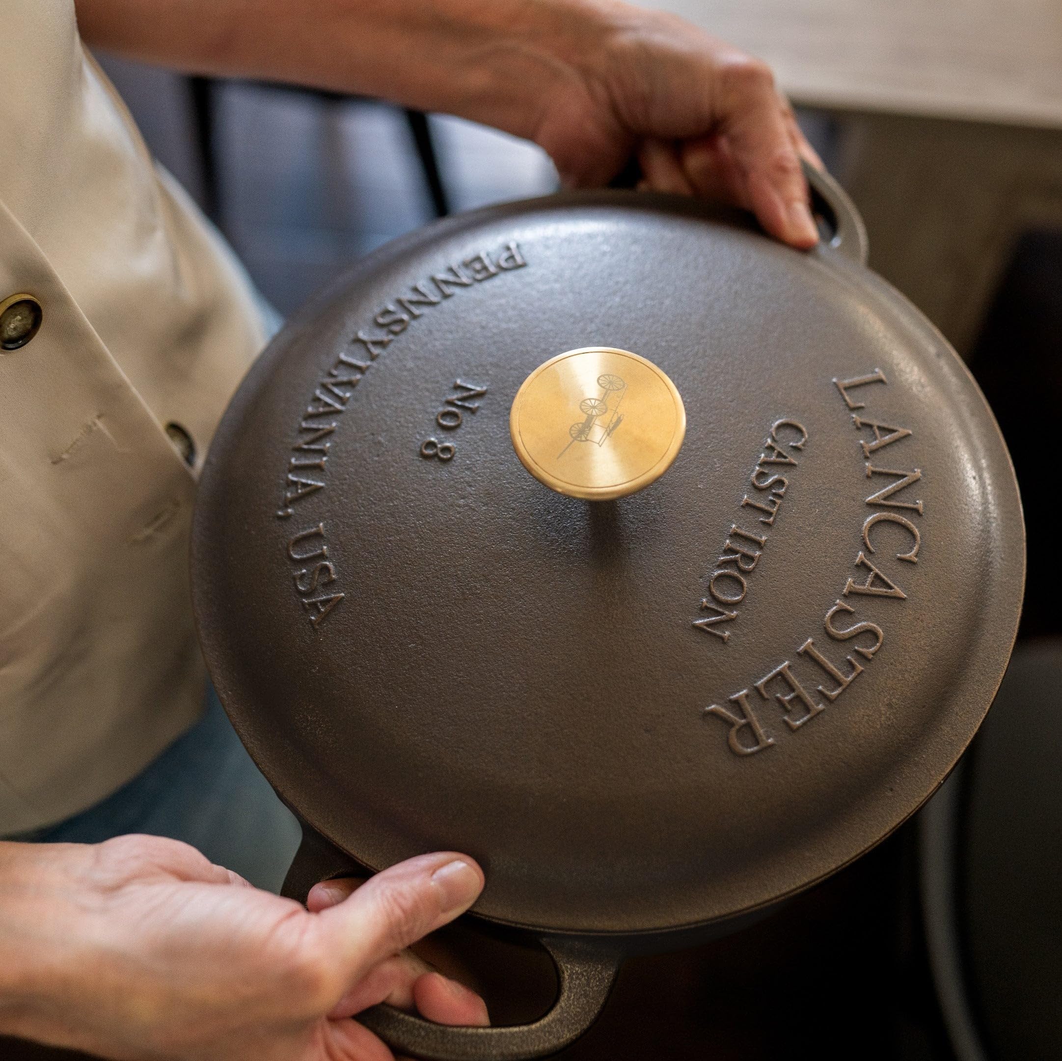 Lancaster Cast Iron 5 Qt. Dutch Oven - Made in the USA - Smooth cooking surface - Self Basting Lid with a solid Brass Knob