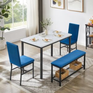 YOFE Dining Table Set for 4,Faux Marble Kitchen Table,Velvet Chairs and Bench with Storage Net,Kitchen Table Chairs Set for Dining Room,Small Apartment (Blue 1+3)