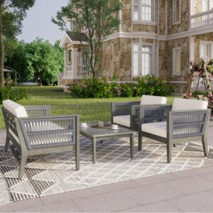 Christopher Knight Home Outdoor Acacia Wood Patio Set, 4-Pieces Patio Conversation Set, Outdoor Furniture with Coffee Table, Patio Deep Seating with Cushion, Porch Chairs for Garden, Grey+Beige