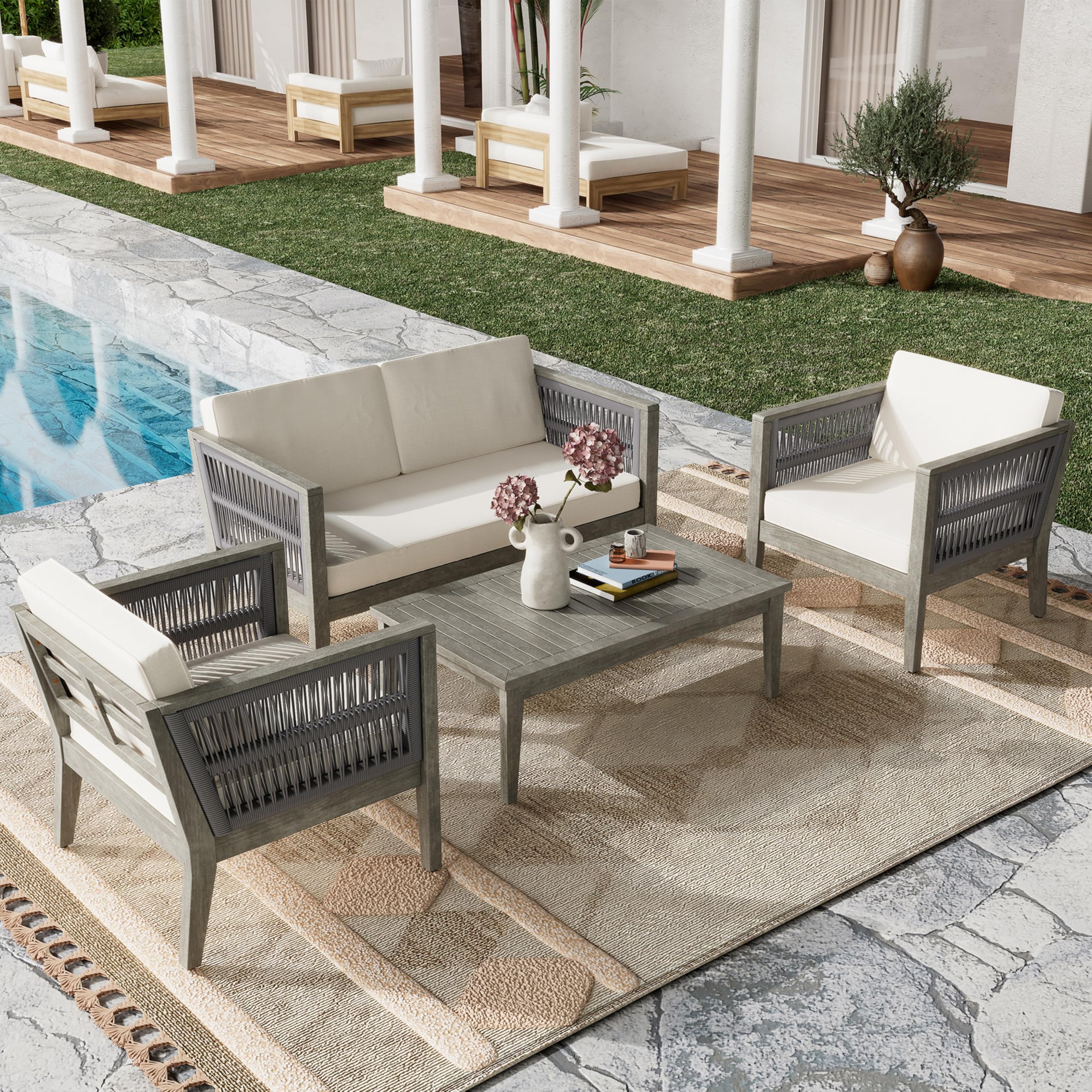 Christopher Knight Home Outdoor Acacia Wood Patio Set, 4-Pieces Patio Conversation Set, Outdoor Furniture with Coffee Table, Patio Deep Seating with Cushion, Porch Chairs for Garden, Grey+Beige