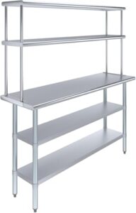 express kitchquip stainless steel work table with 2 shelves | metal kitchen prep table & shelving combo (18" x 60" table with 2 shelves + 12" overshelf)