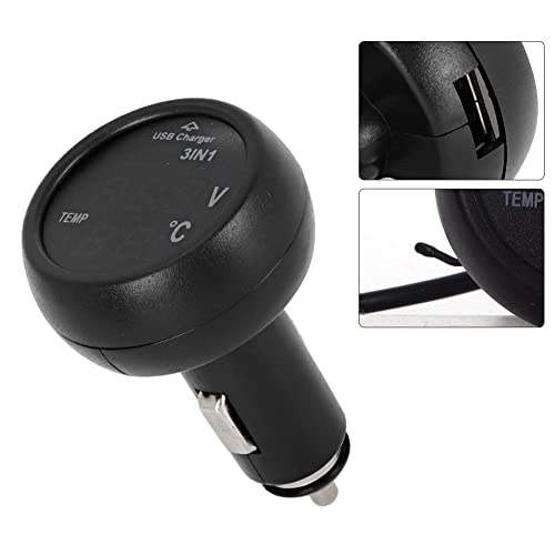 Akozon 3-in-1 Multifunctional Car Charger with Digital LED Voltmeter, Termometer, and USB Charging Port for 12V/24V Vehicles