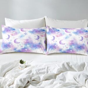 Manfei 2 Pieces Cartoon Moon Night 100% Nature Cotton Duvet Cover Not Comforter,Tie Dye Cloud Dreamy Starry Sky Bedding Set,Boys Girls Watercolor Gradient All Season Bedding with Zipper Closure Twin