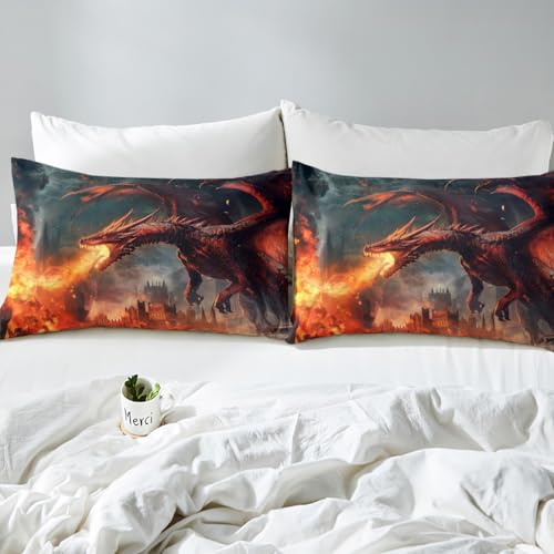 Feelyou Fire Dragon Bedding Set Fantasy Wild Animals Duvet Cover for Kids Boys Girls Jungle Animals Comforter Cover Mythical Creatures Bedspread Cover Room 2Pcs Toddler Size,Zipper,No Comforter