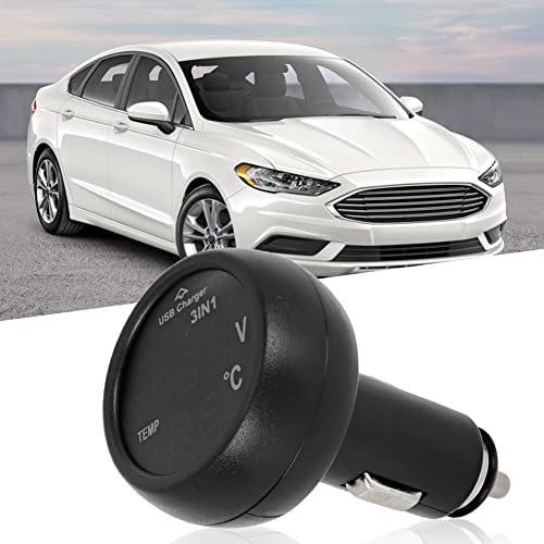 Akozon 3-in-1 Multifunctional Car Charger with Digital LED Voltmeter, Termometer, and USB Charging Port for 12V/24V Vehicles