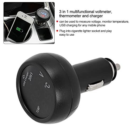 Akozon 3-in-1 Multifunctional Car Charger with Digital LED Voltmeter, Termometer, and USB Charging Port for 12V/24V Vehicles