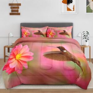 Cuzutime Twin Size Comforter Set with Pillowcase, Hummingbird Brown Pink Flower, Bedroom Decor Bird America Green Purple Soft Bedding Set for Kids and Adults, Bed Decor