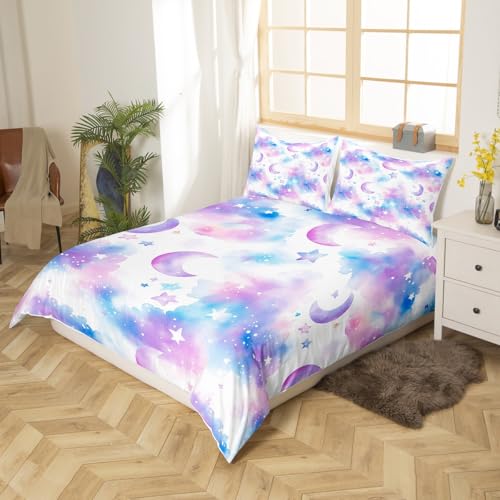 Manfei 2 Pieces Cartoon Moon Night 100% Nature Cotton Duvet Cover Not Comforter,Tie Dye Cloud Dreamy Starry Sky Bedding Set,Boys Girls Watercolor Gradient All Season Bedding with Zipper Closure Twin