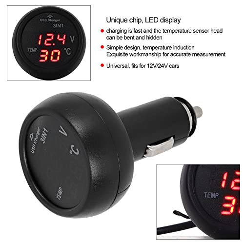 Akozon 3-in-1 Multifunctional Car Charger with Digital LED Voltmeter, Termometer, and USB Charging Port for 12V/24V Vehicles