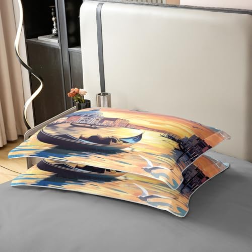 Manfei Venice Sunset Cotton Queen Size Bedding Set,Romantic Lake Boat Natural Sunshine Duvet Cover(No Comforter) for Bedroom,European Style Retro Bridge Building Quilt Cover,3Pcs