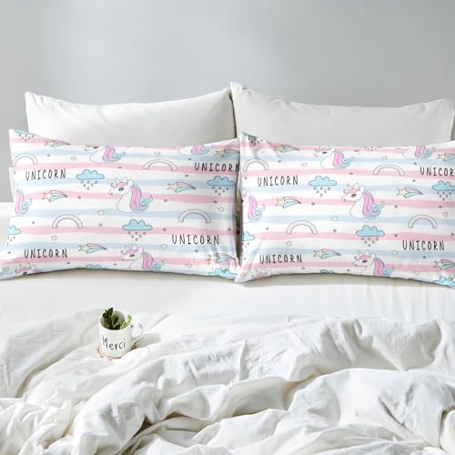 Feelyou Cute Unicorn Bedding Set Twin Size Pink Blue Stripe Duvet Cover for Kids Boys Girls Teens Rainbow Cloud Comforter Cover Set Kawaii Bedspread Cover 2Pcs Zipper