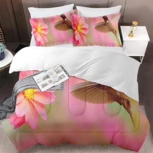 Cuzutime Twin Size Comforter Set with Pillowcase, Hummingbird Brown Pink Flower, Bedroom Decor Bird America Green Purple Soft Bedding Set for Kids and Adults, Bed Decor