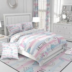 Feelyou Cute Unicorn Bedding Set Twin Size Pink Blue Stripe Duvet Cover for Kids Boys Girls Teens Rainbow Cloud Comforter Cover Set Kawaii Bedspread Cover 2Pcs Zipper