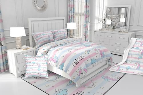 Feelyou Cute Unicorn Bedding Set Twin Size Pink Blue Stripe Duvet Cover for Kids Boys Girls Teens Rainbow Cloud Comforter Cover Set Kawaii Bedspread Cover 2Pcs Zipper