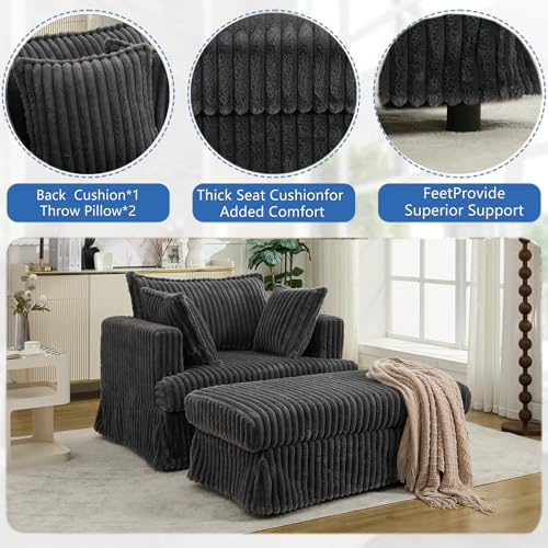 Eafurn Corduroy Upholstered Accent Chair with Movable Ottoman, Oversized Singel Chaise Lounge Sectional Sofa Couch Deep Seat Armchair with Detachable Seat & Back Cushions for Living Room Apartment