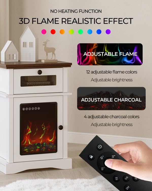 i-aplus White LED Nightstand Farmhouse Night Stand Fireplace Night Stand with Drawer LED Bedside Tables for Bedroom End Table