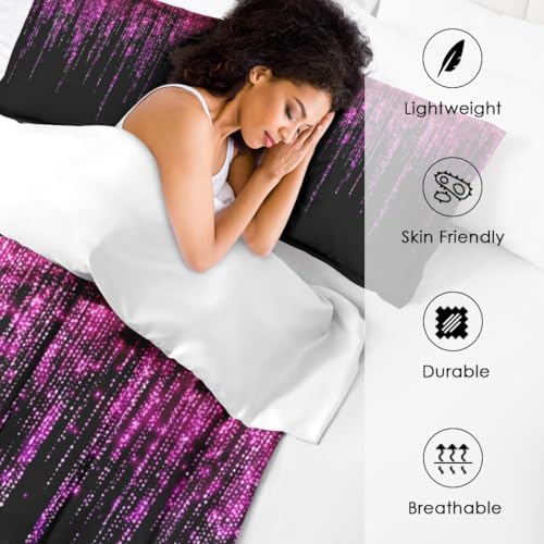 Cuzutime Full Size Comforter Set with 2 Pillowcases, Pink Rose Glitter Garland, Bedroom Decor Abstract Birthday Black Light Soft Bedding Set for Kids and Adults, Bed Decor