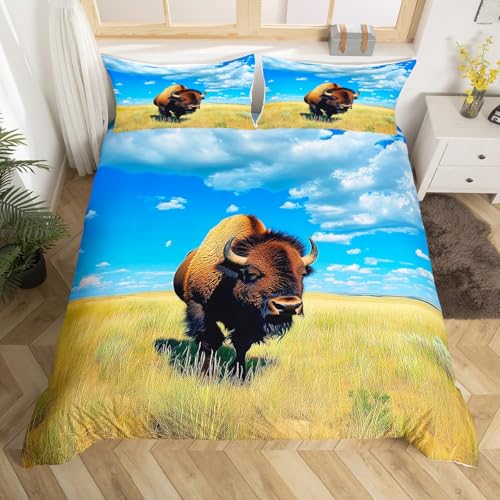 Feelyou Cute Buffalo Bedding Set Wild American Bison Duvet Cover King Size Bedroom Decor Ranch North American 3D Wild Animal Comforter Cover Set Blue Bedspread Cover with 2 Pillow Case(No Comforter)