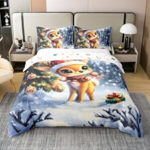 3d kawaii deer bedding set king size glitter green christmas tree 100% cotton duvet cover for kids boys girls teens cartoon cute wild animal rustic style comforter cover,2 pillowcases(no comforter)