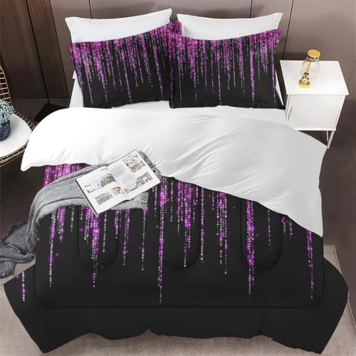 Cuzutime Full Size Comforter Set with 2 Pillowcases, Pink Rose Glitter Garland, Bedroom Decor Abstract Birthday Black Light Soft Bedding Set for Kids and Adults, Bed Decor