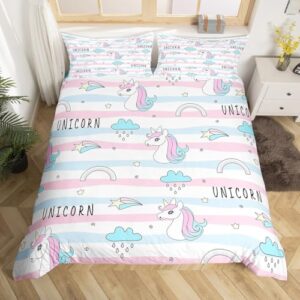 feelyou cute unicorn bedding set twin size pink blue stripe duvet cover for kids boys girls teens rainbow cloud comforter cover set kawaii bedspread cover 2pcs zipper