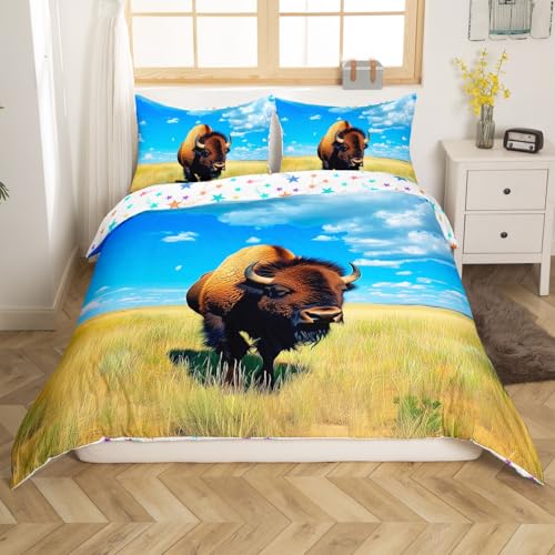 Feelyou Cute Buffalo Bedding Set Wild American Bison Duvet Cover King Size Bedroom Decor Ranch North American 3D Wild Animal Comforter Cover Set Blue Bedspread Cover with 2 Pillow Case(No Comforter)