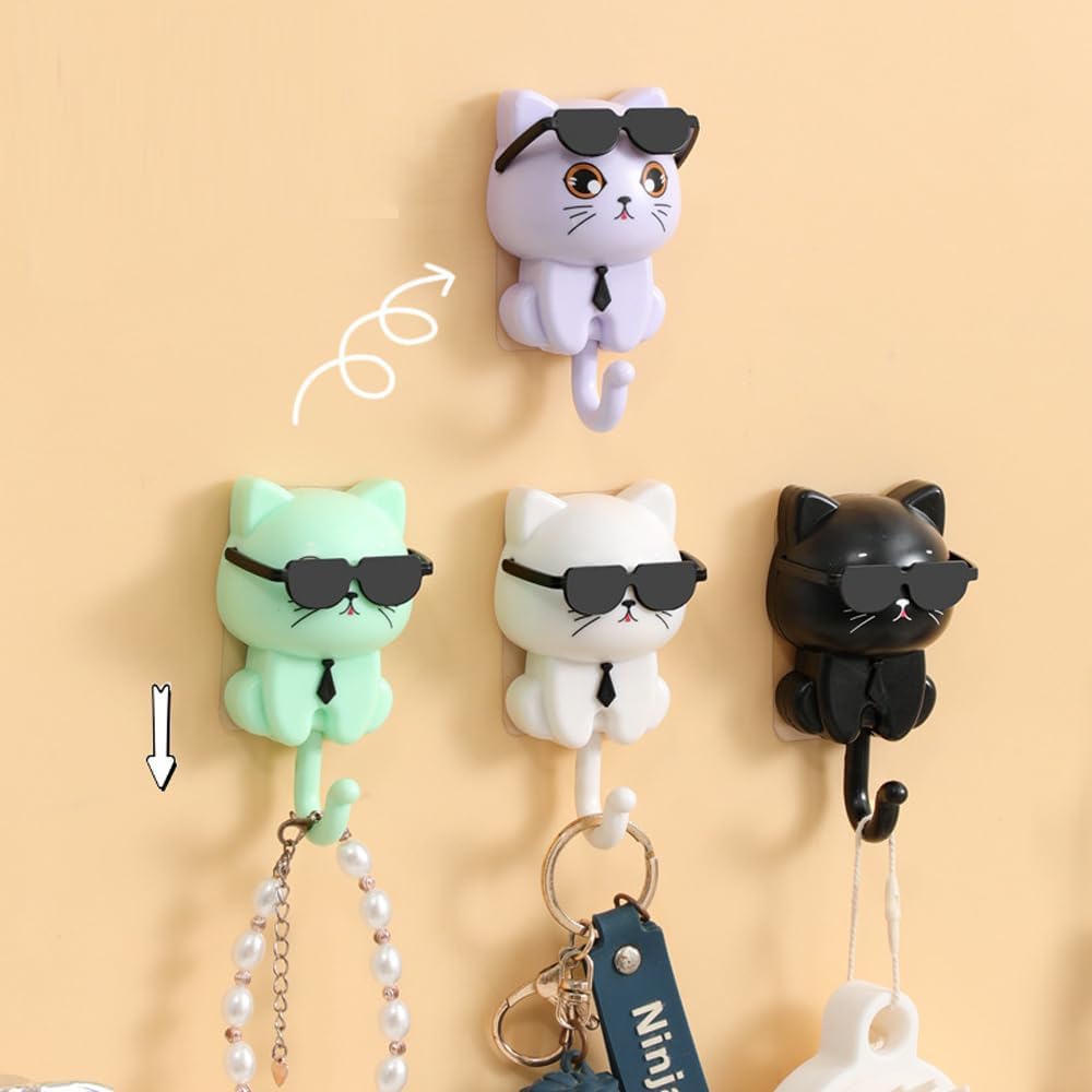 Cat Key Holder, Cute Sunglasses Cat Adhesive Coat Hooks, Adhesive Hooks Heavy Duty Wall Mounted, Creative Adhesive Cute Pet Hooks Coat Hook, for Hanging Hats, Clothes, Miscellaneous Items (2*Black)