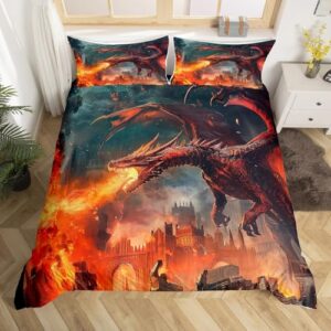 Feelyou Fire Dragon Bedding Set Fantasy Wild Animals Duvet Cover for Kids Boys Girls Jungle Animals Comforter Cover Mythical Creatures Bedspread Cover Room 2Pcs Toddler Size,Zipper,No Comforter