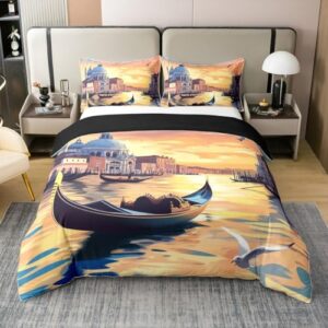 manfei venice sunset cotton queen size bedding set,romantic lake boat natural sunshine duvet cover(no comforter) for bedroom,european style retro bridge building quilt cover,3pcs