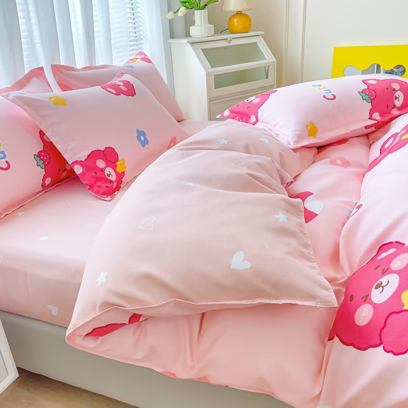 Sleepwish 3 Pieces Strawberry Bear Print Duvet Cover Set 79"x91" Pink Flowers Bedding Set for Kids Teens Girls Bed Cover with 2 Pillowcases