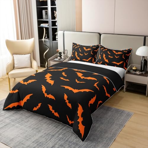 Erosebridal Bat Halloween Decor 100% Natural Cotton Bed Set Queen Size,Cartoon Wildlife Soft Breathable Comforter Cover,Orange Bats Bird Bedroom Decor Duvet Cover,Gothic Wild Animals Cozy Quilt Cover