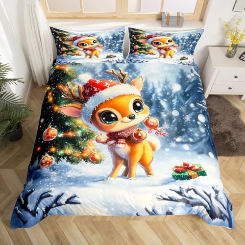 3D Kawaii Deer Duvet Cover Set Full Size 3 Pcs Glitter Green Christmas Tree Bedding Set for Kids Boys Girls Teens Cartoon Cute Wild Animal Rustic Style Quilt Cover with 2 Pillowcases(No Comforter)