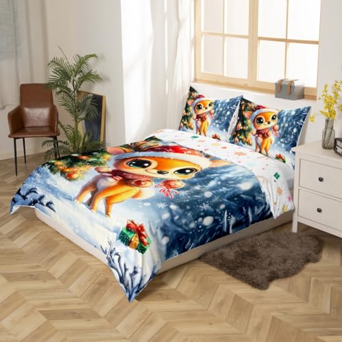 3D Kawaii Deer Duvet Cover Set Full Size 3 Pcs Glitter Green Christmas Tree Bedding Set for Kids Boys Girls Teens Cartoon Cute Wild Animal Rustic Style Quilt Cover with 2 Pillowcases(No Comforter)