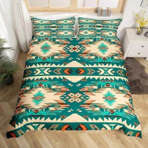 feelyou green southwestern bedding set king size geometric comforter cover set tribal native american design western decor duvet cover stripe line bedspread cover room decor quilt cover(no comforter)