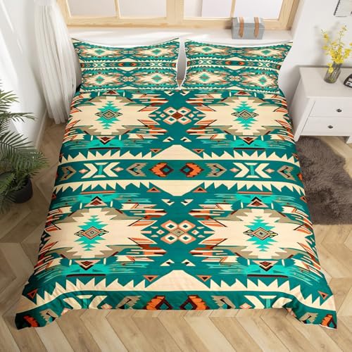 Feelyou Green Southwestern Bedding Set King Size Geometric Comforter Cover Set Tribal Native American Design Western Decor Duvet Cover Stripe Line Bedspread Cover Room Decor Quilt Cover(No Comforter)