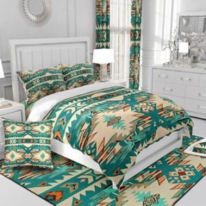 Feelyou Green Southwestern Bedding Set King Size Geometric Comforter Cover Set Tribal Native American Design Western Decor Duvet Cover Stripe Line Bedspread Cover Room Decor Quilt Cover(No Comforter)