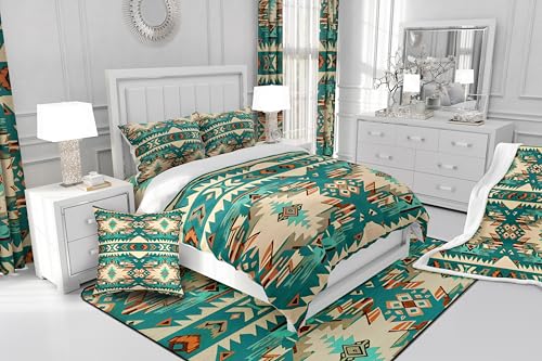 Feelyou Green Southwestern Bedding Set King Size Geometric Comforter Cover Set Tribal Native American Design Western Decor Duvet Cover Stripe Line Bedspread Cover Room Decor Quilt Cover(No Comforter)