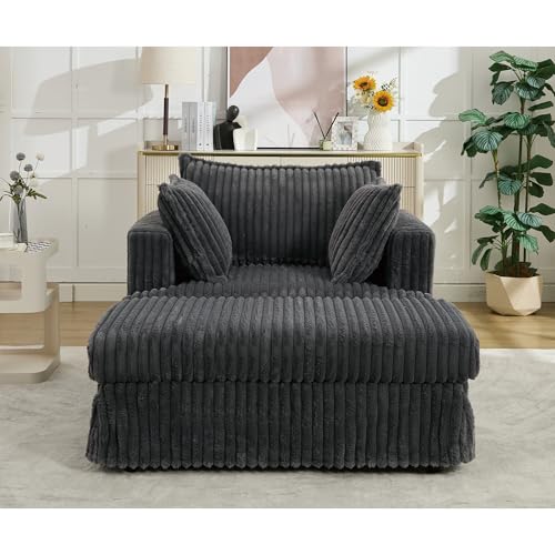 Eafurn Corduroy Upholstered Accent Chair with Movable Ottoman, Oversized Singel Chaise Lounge Sectional Sofa Couch Deep Seat Armchair with Detachable Seat & Back Cushions for Living Room Apartment