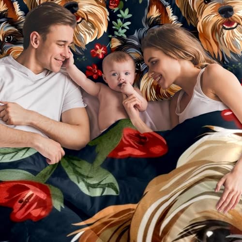 VAPOKF Duvet Covers Set Queen Size Soft and Breathable Microfiber Comforter Bedding Set 1 Duvet Cover 2 Pillowcase with Zipper Closure for Kids Women Men, Yorkshire Terrier Florals